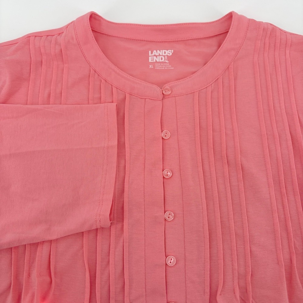 Lands End Womens XL Coral Pink Pintuck Pleat 3/4 Sleeve Cotton Modal Knit Top
